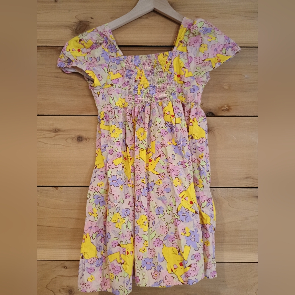 Pokemon Pikachu Floral Dress Size M 8 Smocked Square Neck Flutter Sleeve Dress - Picture 2 of 5